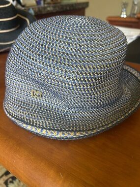 Eric Javits Navy and Gold Braided Straw Cloche Hat